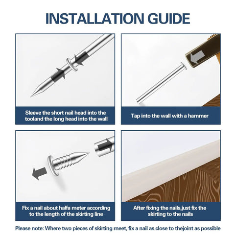 Installation guide for Built Tough Double Head Skirting Nails 200 Piece Pack showing nail placement and hammering process.