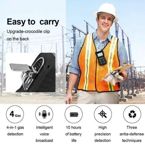 Worker using Portable 4 Gas Detector With LCD Display For On The Go Use, Rechargeable Clip On Gas Monitor outdoors
