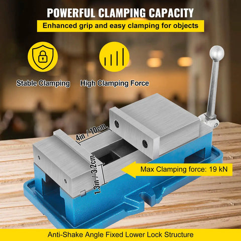 Non Swivel Milling Lockdown Vise 4 Inch Precision Bench Clamp with 100mm Jaw Opening and 19kN Clamping Force on a Wooden Surface