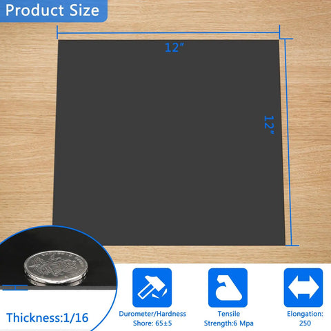 Product size view of Durable Nitrile Rubber Sheet One Sixteenth Inch Thick 12 By 12 Inch Buna N NBR Fuel Oil Resistant Gasket Material For Seals Bumpers And DIY Projects That Last Great For Shop Repairs And DIY Tasks.