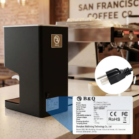 Electronic Automatic Espresso Tamper With 58mm Coffee Distribution Disc adjustable pressure, black design for home or shop use.