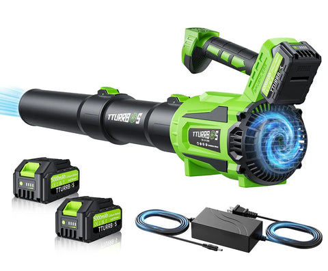 Cordless Leaf Blower With 650 CFM And 180 MPH, Brushless Powerhouse with 2x5.0Ah batteries and charger, side view