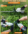 180° rotating handle of 20 Inch Cordless Hedge Trimmer With Dual Rechargeable Batteries in use, showcasing flexibility in trimming angles.