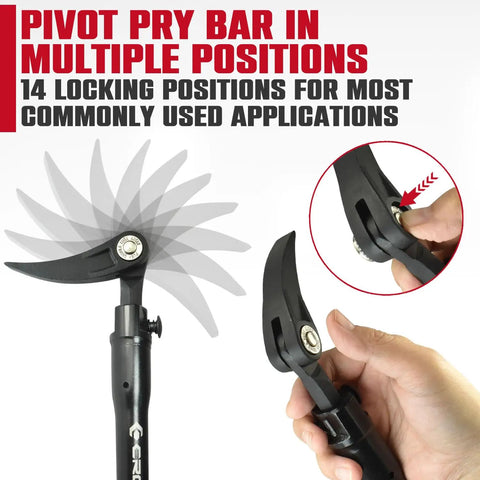 Extendable Telescoping Pry Bar With Adjustable Indexing Positions for leverage, showing pivot head with 14 locking positions.