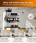 Top Shelf Semi Automatic Espresso Machine With Built In Grinder And Milk Frother, Dead Simple Setup On A Giant Touchscreen, 15 Bar Pressure, Pid Temperature Control, Chill Home Barista Vibes showing three gear steam regulation for milk frothing.