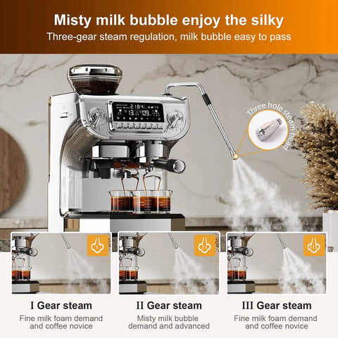 Top Shelf Semi Automatic Espresso Machine With Built In Grinder And Milk Frother, Dead Simple Setup On A Giant Touchscreen, 15 Bar Pressure, Pid Temperature Control, Chill Home Barista Vibes showing three gear steam regulation for milk frothing.