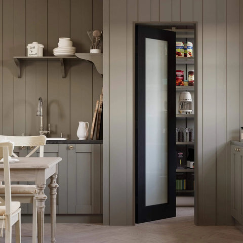 24x80 Black Frosted Glass Interior Door Slab With Dope Look And Solid Shaker Finish in kitchen pantry setting