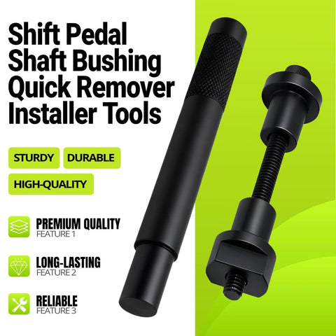 Shift pedal shaft bushing quick remover installer tool, black knurled two-piece kit with screw bolt