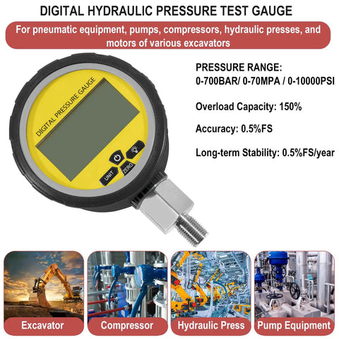 Heavy Duty Hydraulic Pressure Gauge Digital Display 10000 PSI 700 BAR With 1/4 Inch NPT Connector, ideal for excavators