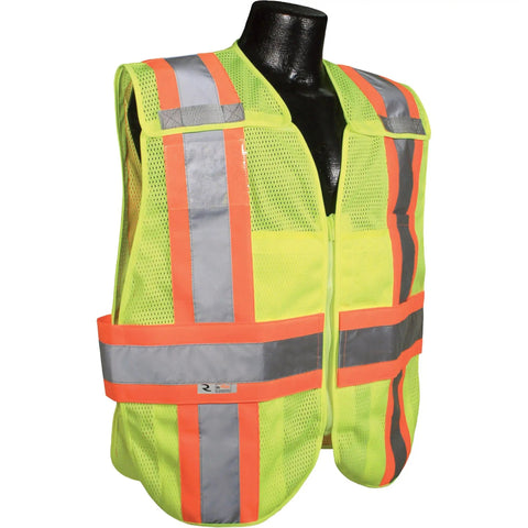 High Vis Legit Class Two Breakaway Safety Vest With Tough Mesh Fabric And No Sweat Side Closures For Serious Job Site Comfort And Bold Dual Reflective Striping Coverage, shown from the front.