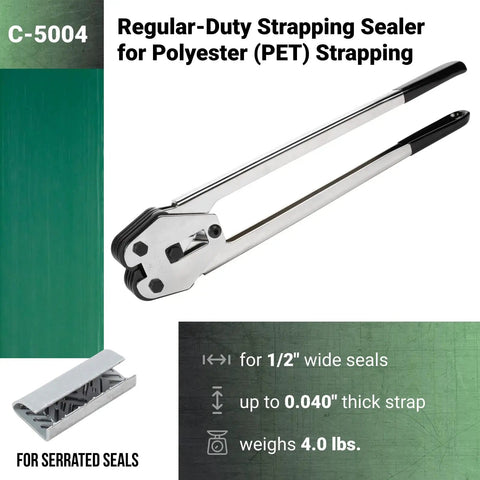 Workhorse Regular-Duty Polyester Strapping Sealer Crimper For Half-Inch PET Strapping With Long Handles, Heat-Treated Steel Parts, Effortless Seal Manual Tool For Horizontal Or Vertical Wrapping, C-5004 sealer