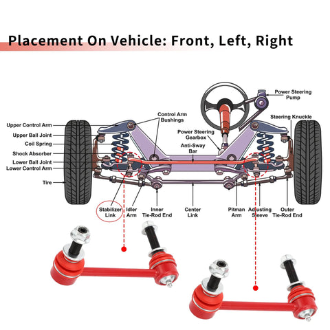 Front view illustration of two red X AUTOHAUX front stabilizer sway bar links for Toyota Tacoma 2005–2017 suspension kit