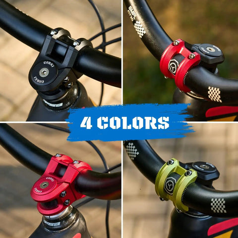 Collage of short mountain bike stems in four colors, including black, red, and green, designed for BMX and freeride tricks.