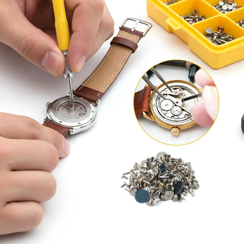Using 100 Piece Watch Screw Kit For Repair And Battery Replacement With Stainless Steel Clamp Screws on wristwatch