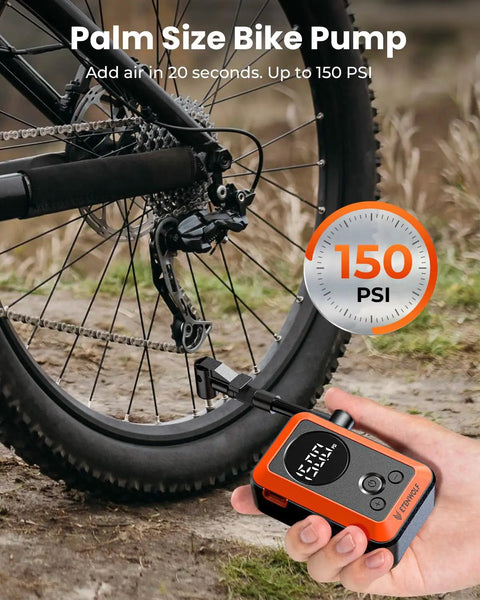 20 Second Fast Inflate Mini Bike Pump With Gauge 150 PSI inflating bicycle tire in outdoor setting