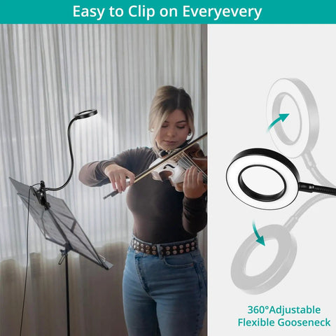 5X Magnifying Desk Clip Lamp With 10 Dimmable Brightness Levels And 3 Color Modes For Reading, Crafting, And Close Work Comes With 5V 2A Adapter Flexible Neck Clamp Mount Black Finish, attached to music stand next to violinist, demonstrating flexible neck and clamp
