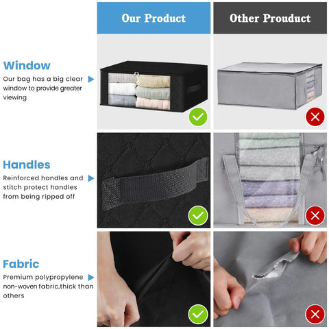 Comparison of Three Pack Foldable Clothes Storage Bags With Large Clear Window And Sturdy Handles 35L Black For Closet Dorm Pillows Bedding Clothes And Blankets Great For Small Spaces showing differences in window clarity, handle robustness, and fabric quality against competitors.