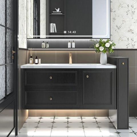 Elegant bathroom with black wood cabinets, featuring Peel And Stick Black Wood Wallpaper Self Adhesive Contact Paper For Surfaces.