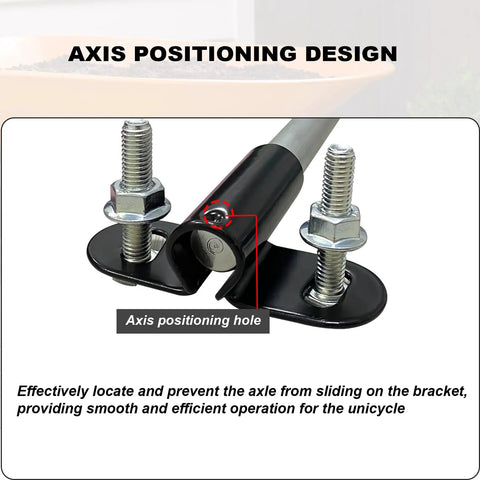 Heavy Duty Wheelbarrow Axle Bracket Kit With Five Eighth Inch Hole Includes Ten Inch Solid Axle Shaft Two Brackets POM Spacers Bolts And Nuts showing axis positioning design with mounting bolts.