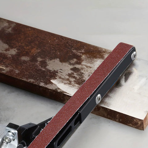 Heavy Duty Belt Sander Attachment Bracket Compatible With 100Mm And 125Mm Angle Grinders showing red grit belt on metal surface.