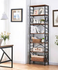 Sturdy 84 Inch Tall Industrial Bookshelf With Rustic Brown Metal Frame And Seven Open Shelves For Cozy Living Room And Bedroom in a bright setting.