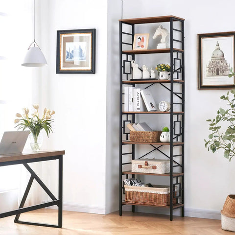 Sturdy 84 Inch Tall Industrial Bookshelf With Rustic Brown Metal Frame And Seven Open Shelves For Cozy Living Room And Bedroom in a bright setting.