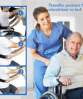 Gait Transfer Belt For Seniors With Three Handles And Quick Release Buckle assisting wheelchair transfer by caregiver