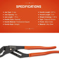 12 Inch V Jaw Tongue And Groove Pliers With Dipped Handles Self Locking Grip Rivet Construction And Smooth Interlock Joint For No Slip Performance Heavy Duty Adjustable Pliers For Tough Jobs shown with specifications