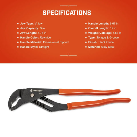 12 Inch V Jaw Tongue And Groove Pliers With Dipped Handles Self Locking Grip Rivet Construction And Smooth Interlock Joint For No Slip Performance Heavy Duty Adjustable Pliers For Tough Jobs shown with specifications