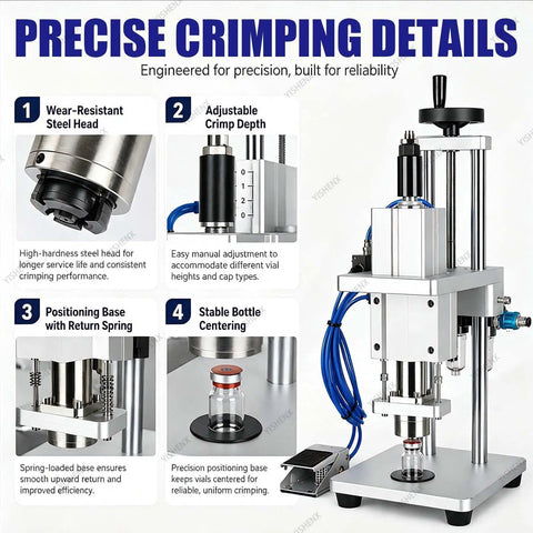 High Speed Pneumatic Vial Sealing Machine For Aluminum Glass Bottles Foot Pedal Tabletop Capper with adjustable features.