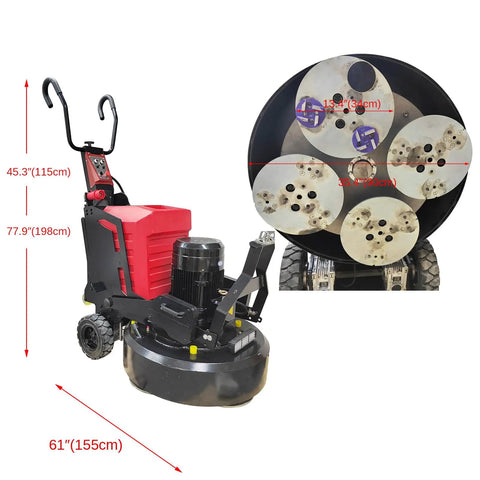 Electric Concrete Floor Grinder With 3.9 Inch Planetary 12 Head Grinding System Walk Behind Design product image with dimensions