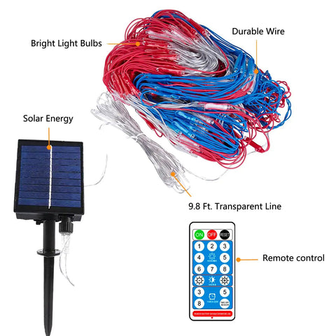 Patriotic Flag String Lights With Solar Or USB Power, 420 LED Net Light For Outdoors, Remote and solar panel included