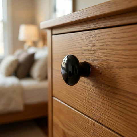 Close-up of 30 Pack Dope Black Ceramic Cabinet Knobs 1.5 Inch (38mm) on wooden drawer in bedroom setting