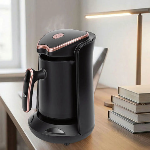 Turkish Coffee Maker Portable Auto Brewer For Home Office Travel And Camping, Compact Electric Pot on desk.