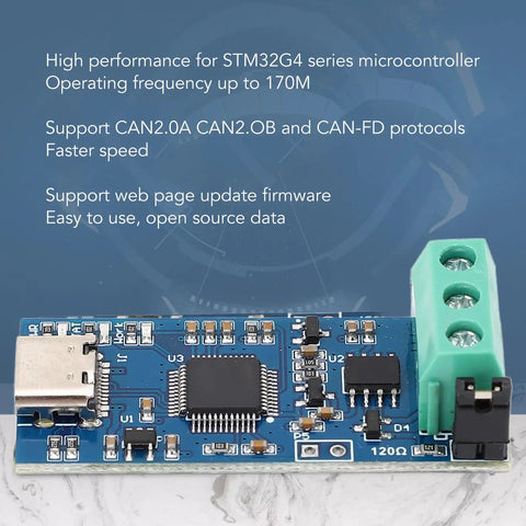 USB To CAN Module Type C Power Supply Converter For CAN 2point0A 2point0B FD Protocol Bus Analyzer V2 circuit board with components.
