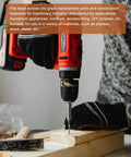Person using a drill on wood with Ridiculously Strong One Hundred Pack Of Number Four By Quarter Inch Black Flathead Wood Screws.