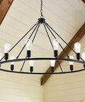 Black Farmhouse Wagon Wheel Chandelier 12 Light Old School Industrial Round Pendant Ceiling Fixture For Kitchen Island Living Room