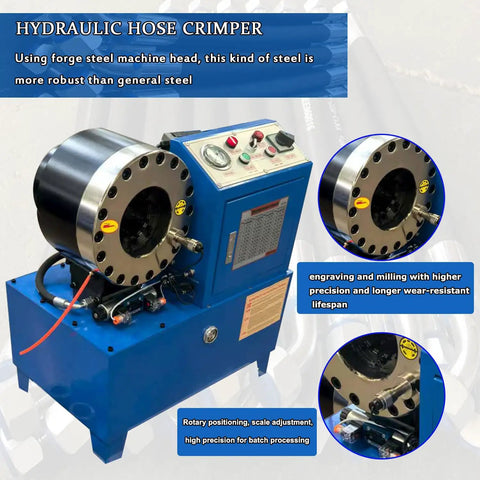 Pro Shop Workhorse Electric Hose Crimper Equipped With High Pressure Hydraulic Tube Press For Heavy Duty Pipe Jobs On Shop Floor With Tough Jaw Set For Tight Seals and Rock Solid Daily Performance, featuring forged steel head.