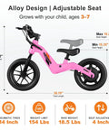 Electric Balance Bike For Kids Ages 3 To 7 With 14 Inch Pneumatic Tires, 24V 270W Motor, Kick To Start Safe Ride, Rear Drum Brake, 3 Speeds Up To 9.3 MPH, Lightweight Magnesium Alloy Frame, Adjustable Seat Pink side view with seat and handlebar height details
