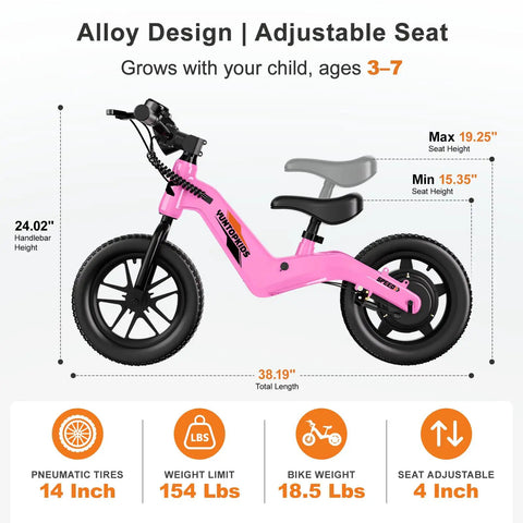 Electric Balance Bike For Kids Ages 3 To 7 With 14 Inch Pneumatic Tires, 24V 270W Motor, Kick To Start Safe Ride, Rear Drum Brake, 3 Speeds Up To 9.3 MPH, Lightweight Magnesium Alloy Frame, Adjustable Seat Pink side view with seat and handlebar height details
