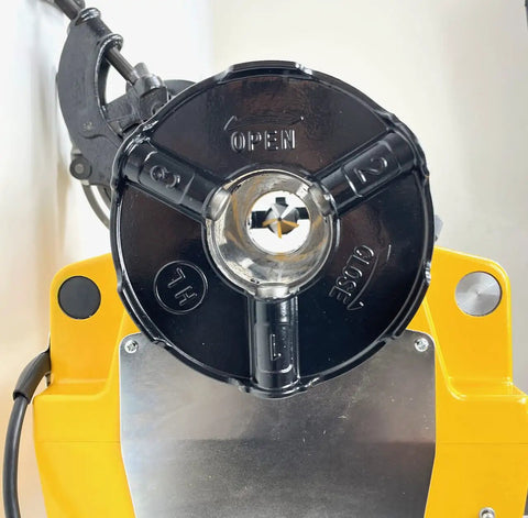 Bluerock Power PTM50-C Electric Motorized Pipe Threader Threading Machine showing control dial for forward and reverse operation.