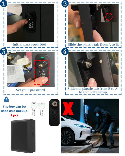 Four-step guide to using Heavy Hitter EV Charger Enclosure With Secure Keypad Lock for password setup and backup keys.