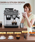 Badass Espresso Machine With Integrated Grinder And Twenty Bar Pressure For Smooth Morning Sips Featuring Thirty Precision Grind Levels Five Eight Millimeter Portafilter And Pro Steam Wand For Creamy Lattes In Sleek Iron Grey on a countertop with a woman enjoying coffee.
