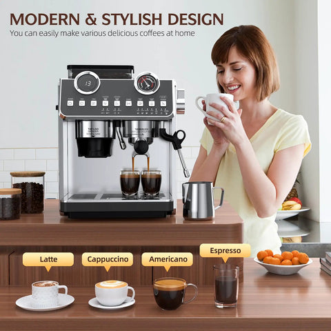 Badass Espresso Machine With Integrated Grinder And Twenty Bar Pressure For Smooth Morning Sips Featuring Thirty Precision Grind Levels Five Eight Millimeter Portafilter And Pro Steam Wand For Creamy Lattes In Sleek Iron Grey on a countertop with a woman enjoying coffee.
