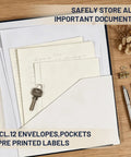 Important Document Organizer Linen Binder With 12 Expanding Pockets, featuring open pocket with documents and keys displayed.