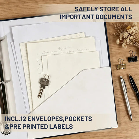 Important Document Organizer Linen Binder With 12 Expanding Pockets, featuring open pocket with documents and keys displayed.