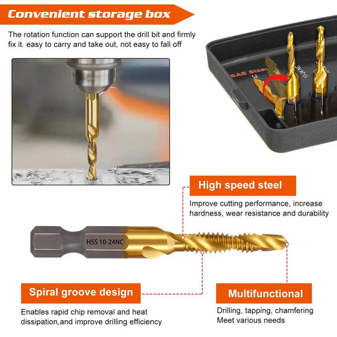 Pro Grade Titanium Drill Tap Set 13Pc HSS SAE And Metric Bits with Quick Change Adapter featured in storage case with spiral groove design.