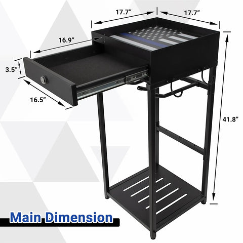 Police Gear Stand With Gun Storage, metal rack with drawer, 42 by 18 by 18 inches, steel frame, dimensions labeled