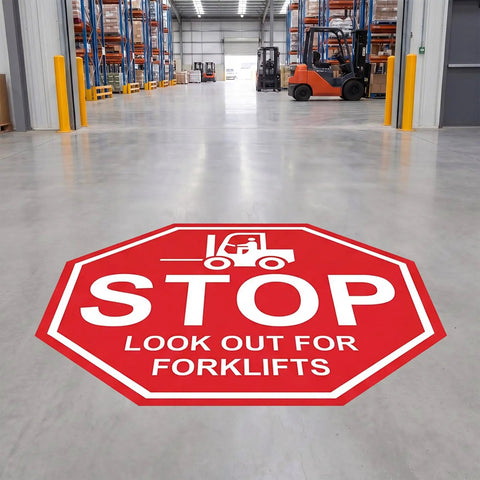 Stop Look Out For Forklift Floor Sign 17 By 17 Inches Vinyl Caution Warning Safety Traffic Sticker Labels Self Adhesive Waterproof Anti Slip Signage For Warehouse Workplace 5 Pack on warehouse floor
