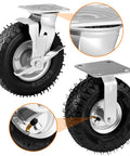 Heavy Duty Pneumatic Caster Wheels 8 Inch 4 Pack with 2 Swivel Brakes and 2 Rigid Rollers for Workbenches, showing detailed tire and mount design.